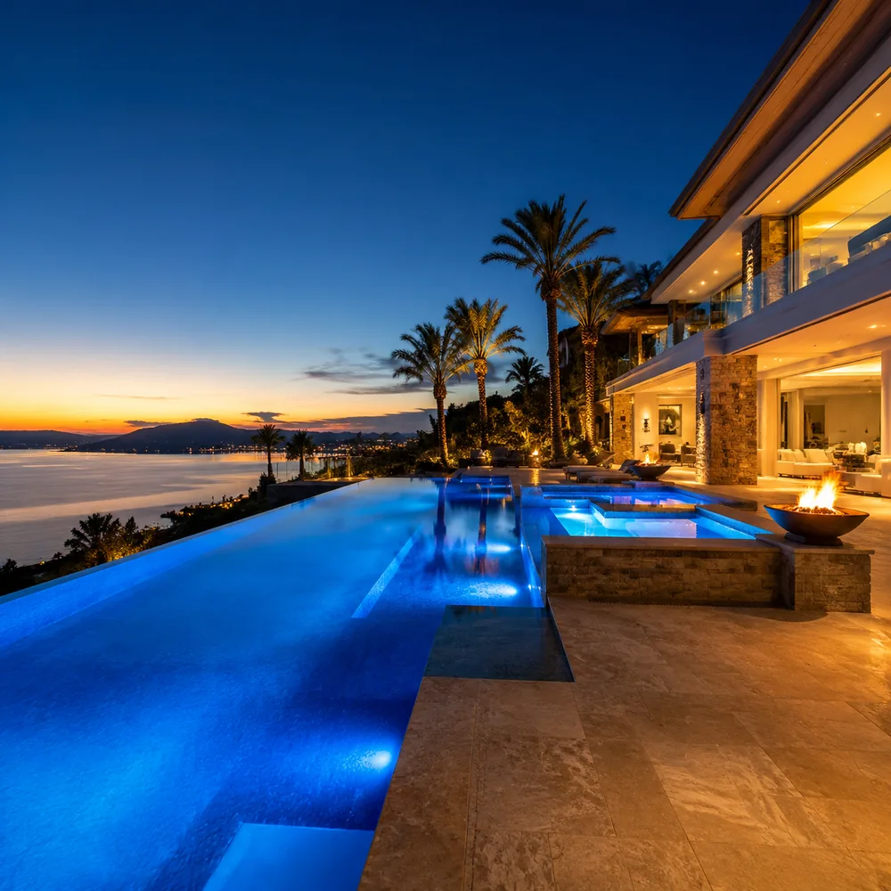 Infinity-edge pool with fire feature overlooking a bay at twilight