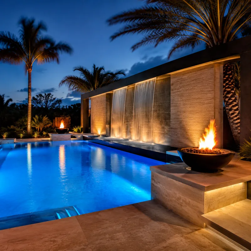 Modern pool with water feature wall and fire bowls