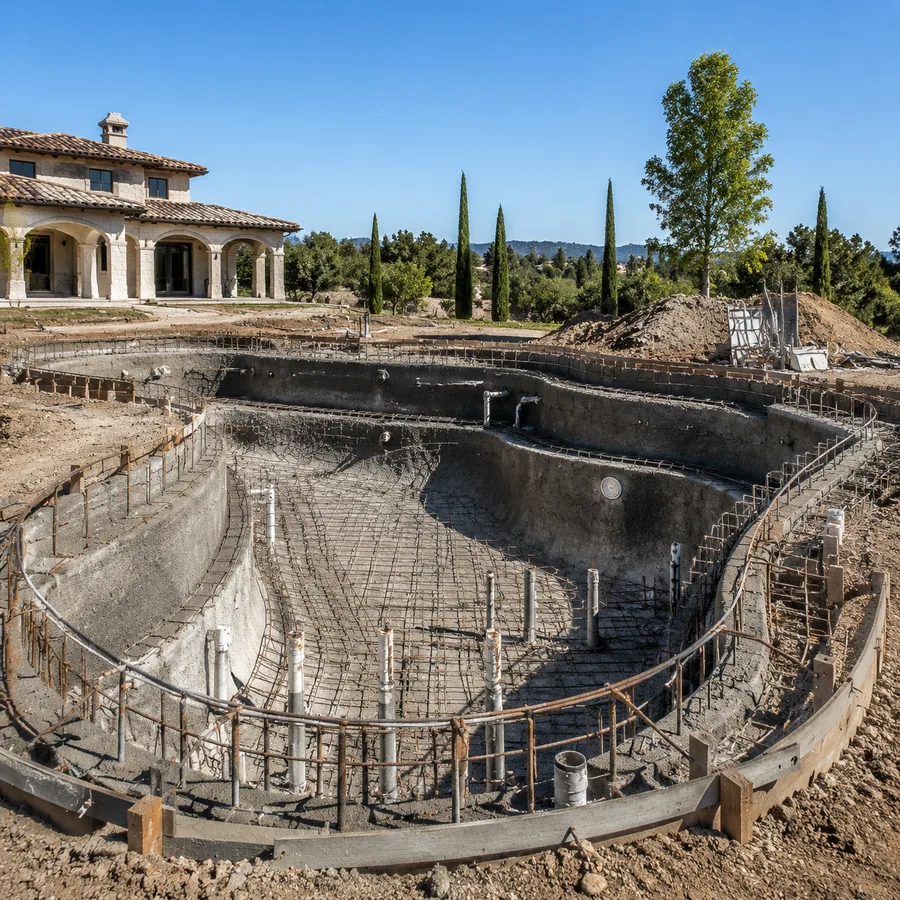Luxury pool shell under construction with rebar
