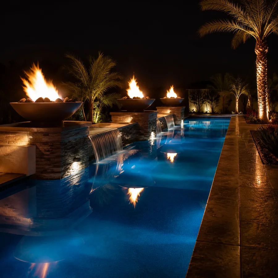 Modern pool with a row of fire bowls at night