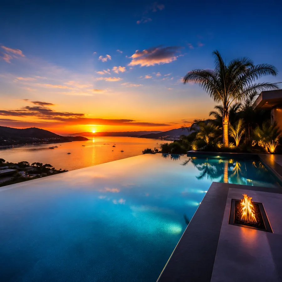 Infinity edge pool merging with a sunset bay