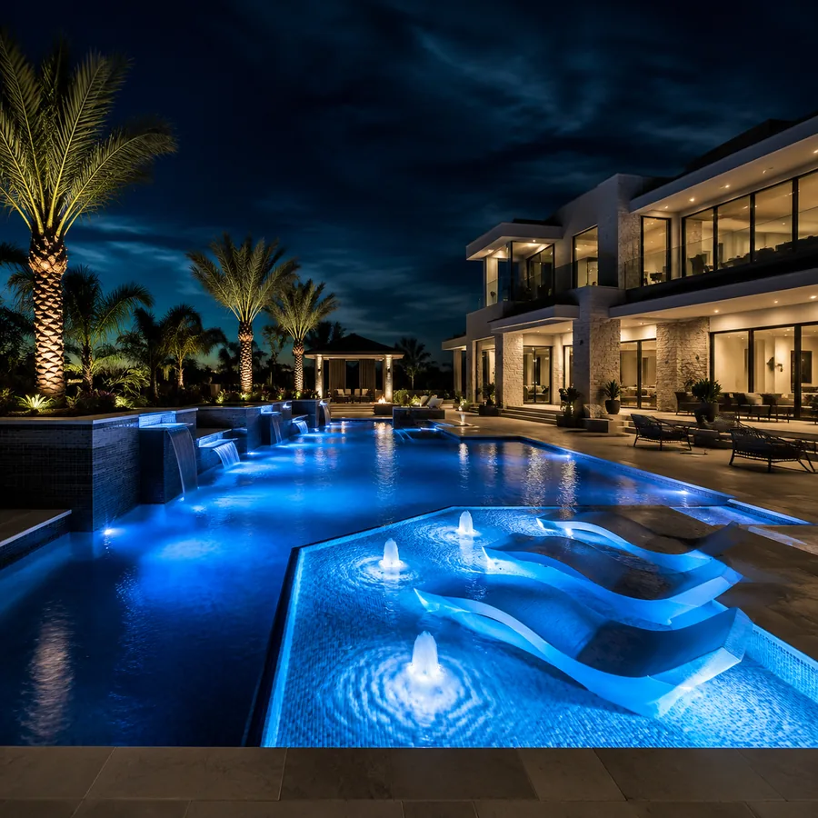Geometric pool glowing with blue LED lighting