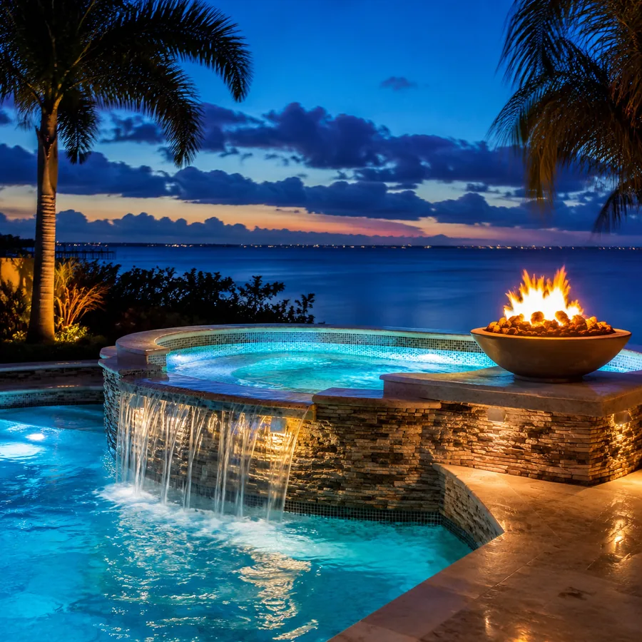 Raised spa spillover with fire bowl at dusk
