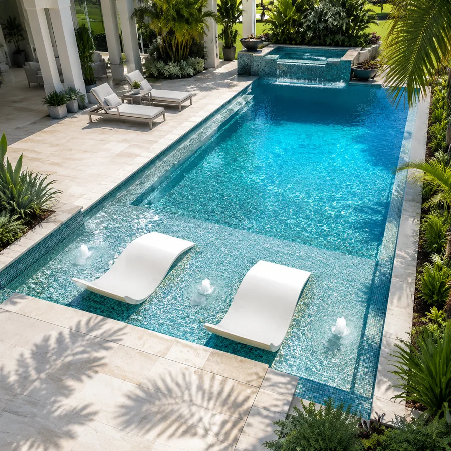 Modern pool with sun shelf and bubblers by day