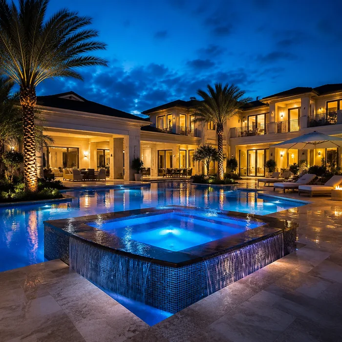Custom pool and spa construction at twilight